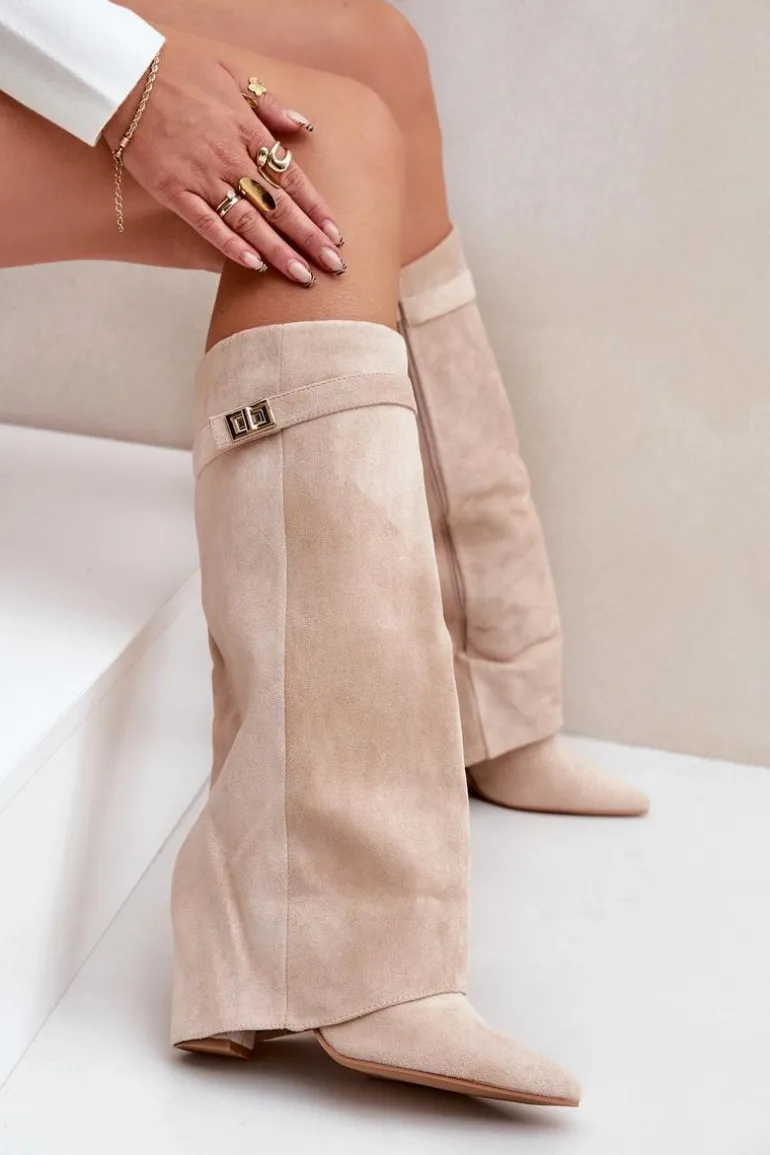 Damskie Kozaki Na Słupku Przed Kolano Jasnobeżowe Portora