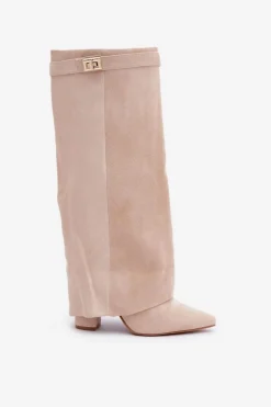 Damskie Kozaki Na Słupku Przed Kolano Jasnobeżowe Portora