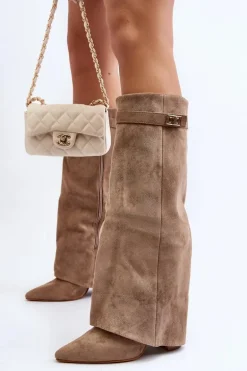 Damskie Kozaki Na Słupku Przed Kolano Beżowe Portora