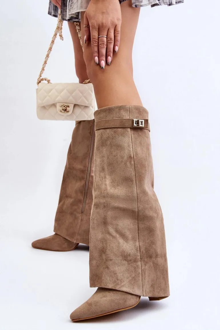 Damskie Kozaki Na Słupku Przed Kolano Beżowe Portora