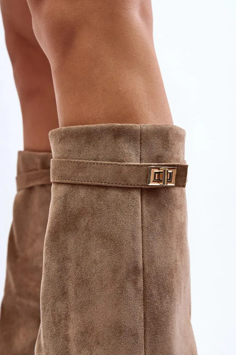 Damskie Kozaki Na Słupku Przed Kolano Beżowe Portora