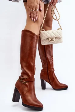 Damskie Kozaki Na Słupku Z Ozdobą Przed Kolano Camel Rahallis