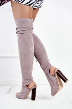 Damskie Kozaki Na Słupku Zamszowe Lu Boo Szare Aramis