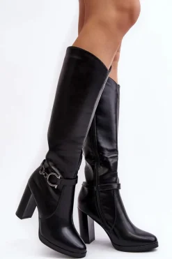 Damskie Kozaki Na Słupku Z Ozdobą Przed Kolano Czarne Rahallis