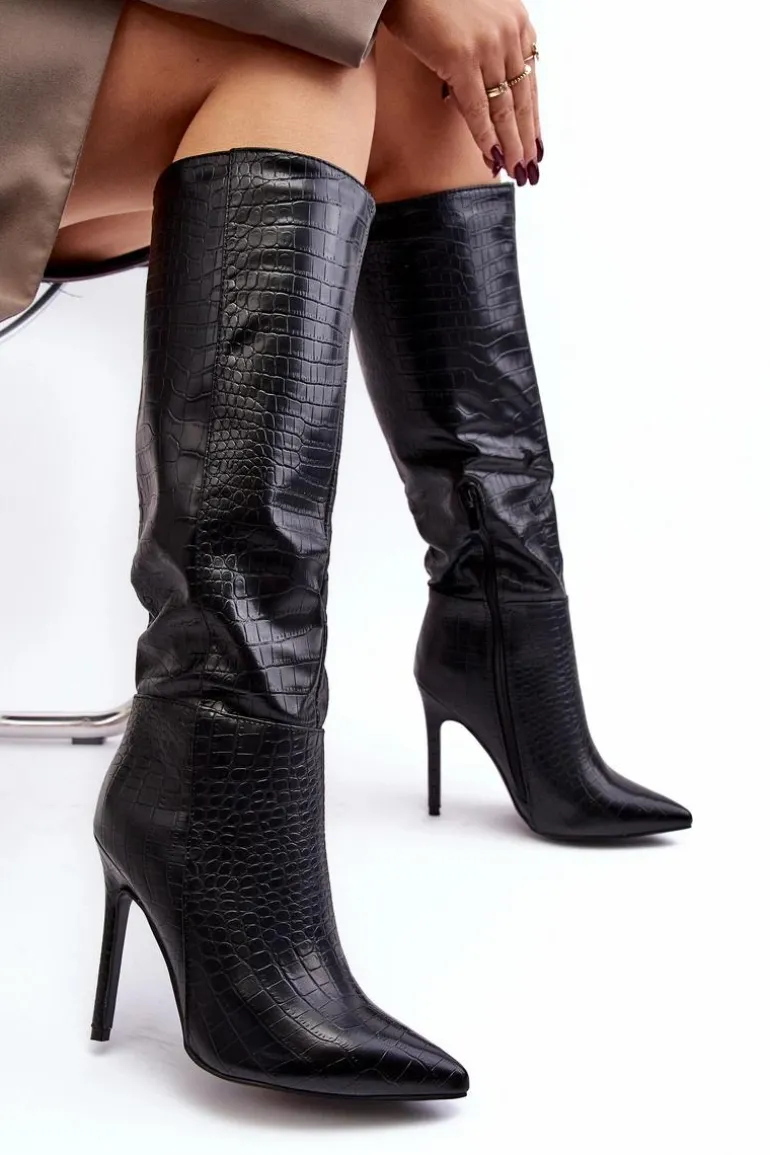 Damskie Kozaki Na Szpilce Zwierzęcy Wzór Czarne Mambra