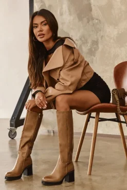 Damskie Kozaki Ocieplane Na Słupku Ciemnobeżowe Theisen