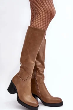 Damskie Kozaki Ocieplane Na Słupku Ciemnobeżowe Theisen