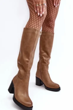 Damskie Kozaki Ocieplane Na Słupku Ciemnobeżowe Theisen