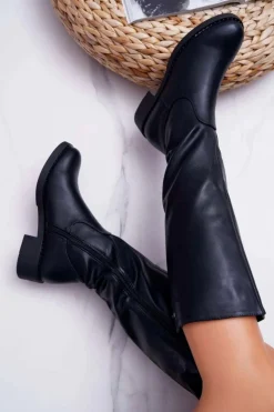 Damskie Kozaki Płaski Obcas Sergio Leone Ocieplane Czarne KZ280