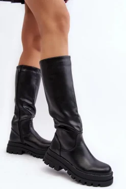 Damskie Kozaki Przed Kolano Na Grubej Podeszwie Czarne Beatrizia