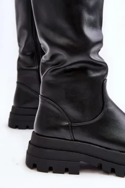 Damskie Kozaki Przed Kolano Na Grubej Podeszwie Czarne Beatrizia