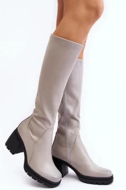 Damskie Kozaki Przed Kolano Na Obcasie Ocieplane Szare Sislene