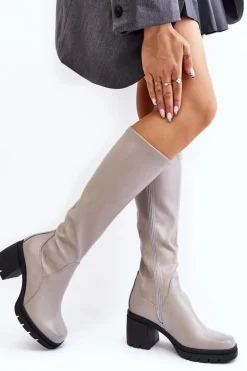 Damskie Kozaki Przed Kolano Na Obcasie Ocieplane Szare Sislene
