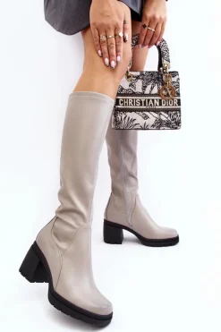 Damskie Kozaki Przed Kolano Na Obcasie Ocieplane Szare Sislene