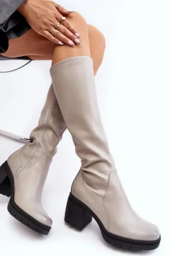 Damskie Kozaki Przed Kolano Na Obcasie Ocieplane Szare Sislene
