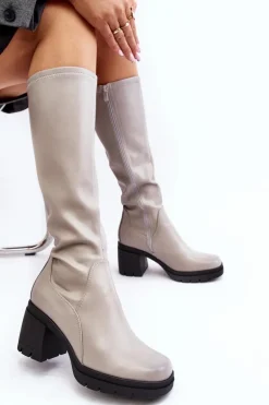 Damskie Kozaki Przed Kolano Na Obcasie Ocieplane Szare Sislene