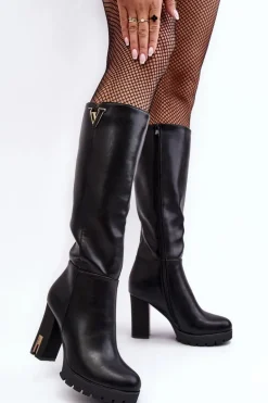 Damskie Kozaki Przed Kolano Na Słupku Czarne Ceesina