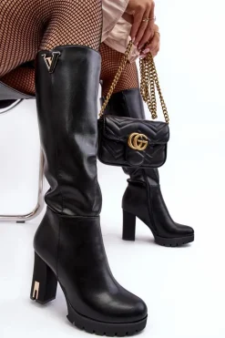 Damskie Kozaki Przed Kolano Na Słupku Czarne Ceesina