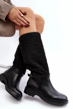 Damskie Kozaki Przed Kolano Z Futerkiem Typu Baranek Czarne Bellama