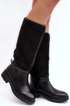 Damskie Kozaki Przed Kolano Z Futerkiem Typu Baranek Czarne Bellama