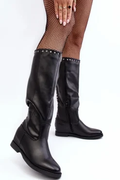 Damskie Kozaki Przed Kolano Zdobione Ćwiekami Czarne Bevitis