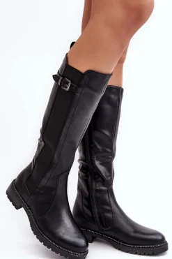 Damskie Kozaki Przed Kolano Na Płaskim Obcasie Czarne Klemmo
