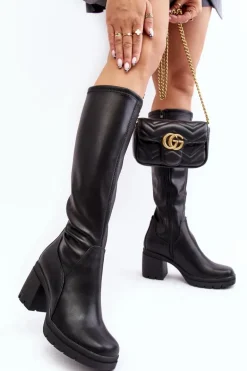 Damskie Kozaki Przed Kolano Na Obcasie Ocieplane Czarne Sislene