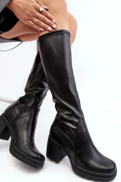 Damskie Kozaki Przed Kolano Na Obcasie Ocieplane Czarne Sislene