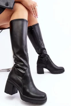 Damskie Kozaki Przed Kolano Na Obcasie Ocieplane Czarne Sislene