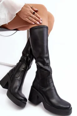 Damskie Kozaki Przed Kolano Na Masywnym Słupku D&A SN622-10 Czarne