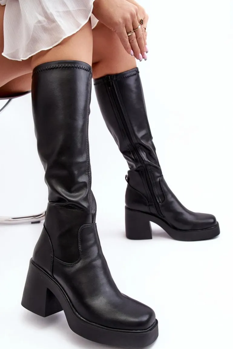 Damskie Kozaki Przed Kolano Na Masywnym Słupku D&A SN622-10 Czarne