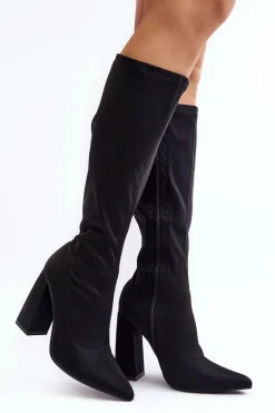 Damskie Kozaki Przed Kolano Na Słupku Czarne Fatuma