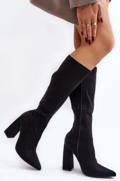 Damskie Kozaki Przed Kolano Na Słupku Czarne Fatuma