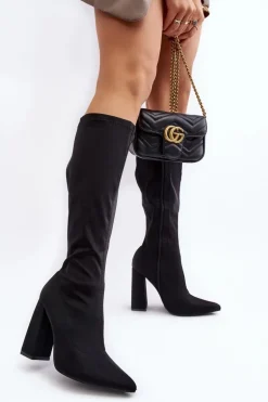 Damskie Kozaki Przed Kolano Na Słupku Czarne Fatuma