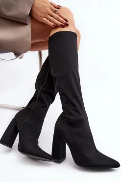 Damskie Kozaki Przed Kolano Na Słupku Czarne Fatuma