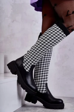 Damskie Kozaki Skarpetkowe W Pepitkę Czarno-Białe Avira