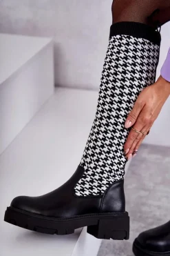 Damskie Kozaki Skarpetkowe W Pepitkę Czarno-Białe Avira