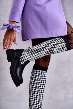 Damskie Kozaki Skarpetkowe W Pepitkę Czarno-Białe Avira