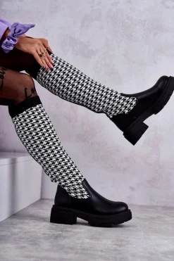 Damskie Kozaki Skarpetkowe W Pepitkę Czarno-Białe Avira