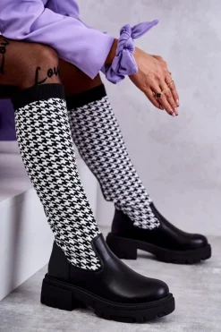 Damskie Kozaki Skarpetkowe W Pepitkę Czarno-Białe Avira