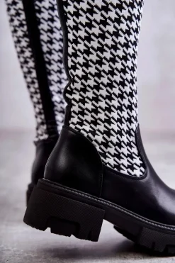 Damskie Kozaki Skarpetkowe W Pepitkę Czarno-Białe Avira