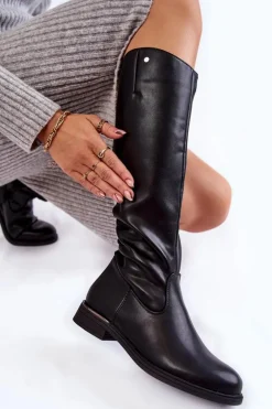 Damskie Kozaki Skórzane Na Płaskim Obcasie Czarne Asturio