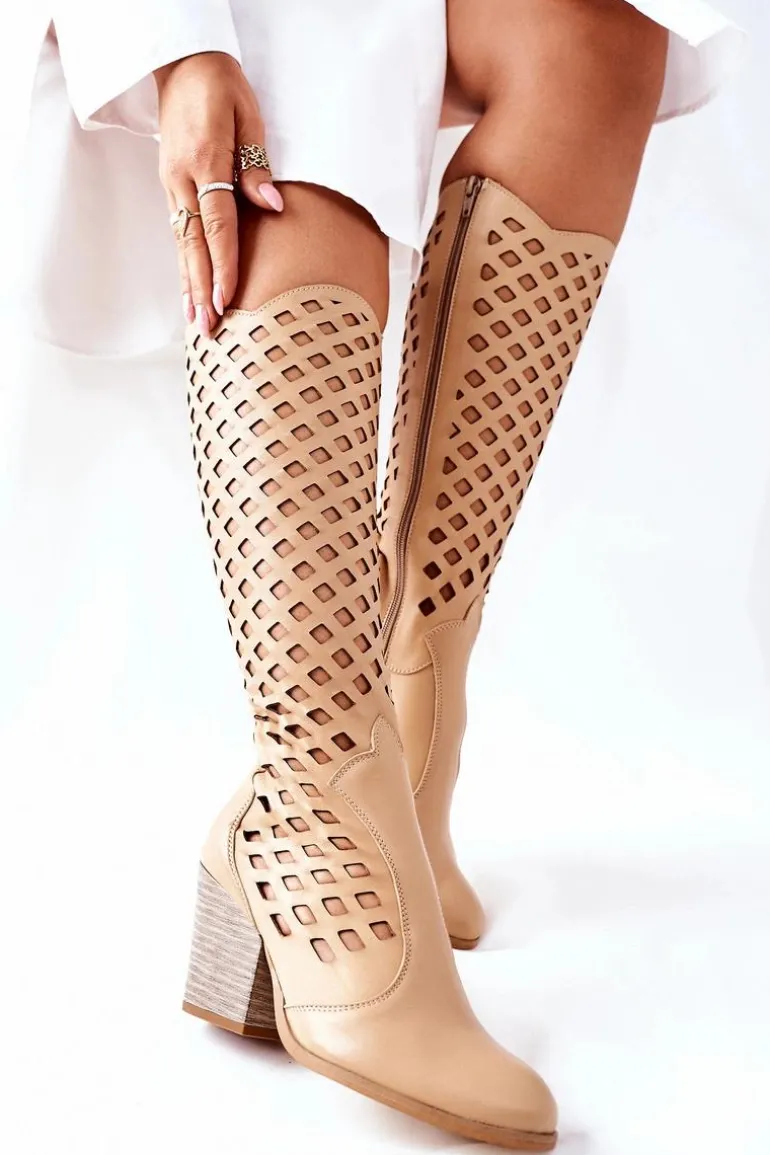 Damskie Kozaki Z Ażurowym Wzorem Beżowe Verben