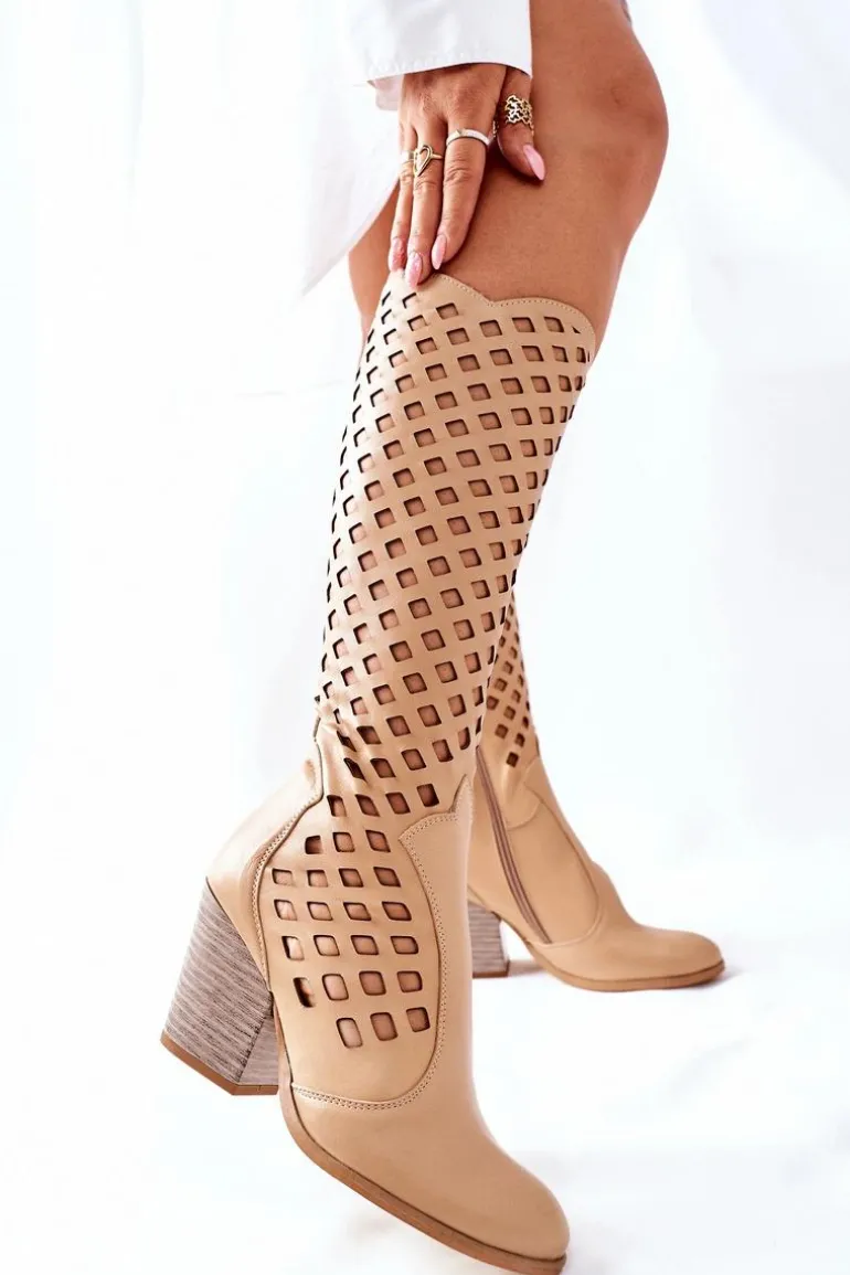 Damskie Kozaki Z Ażurowym Wzorem Beżowe Verben