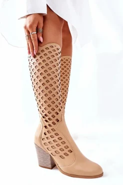 Damskie Kozaki Z Ażurowym Wzorem Beżowe Verben