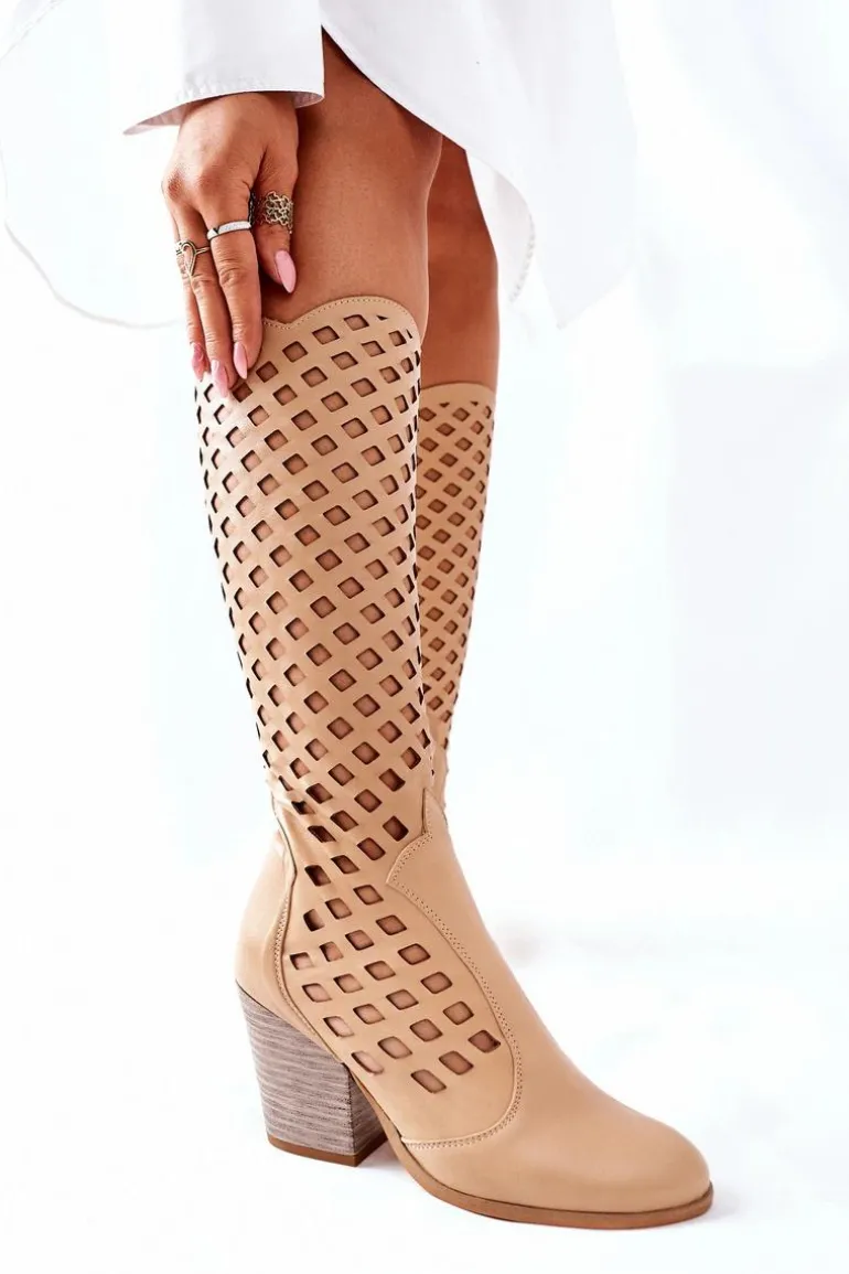 Damskie Kozaki Z Ażurowym Wzorem Beżowe Verben