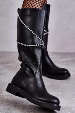 Damskie Kozaki Z Ozdobami Czarne Finlay