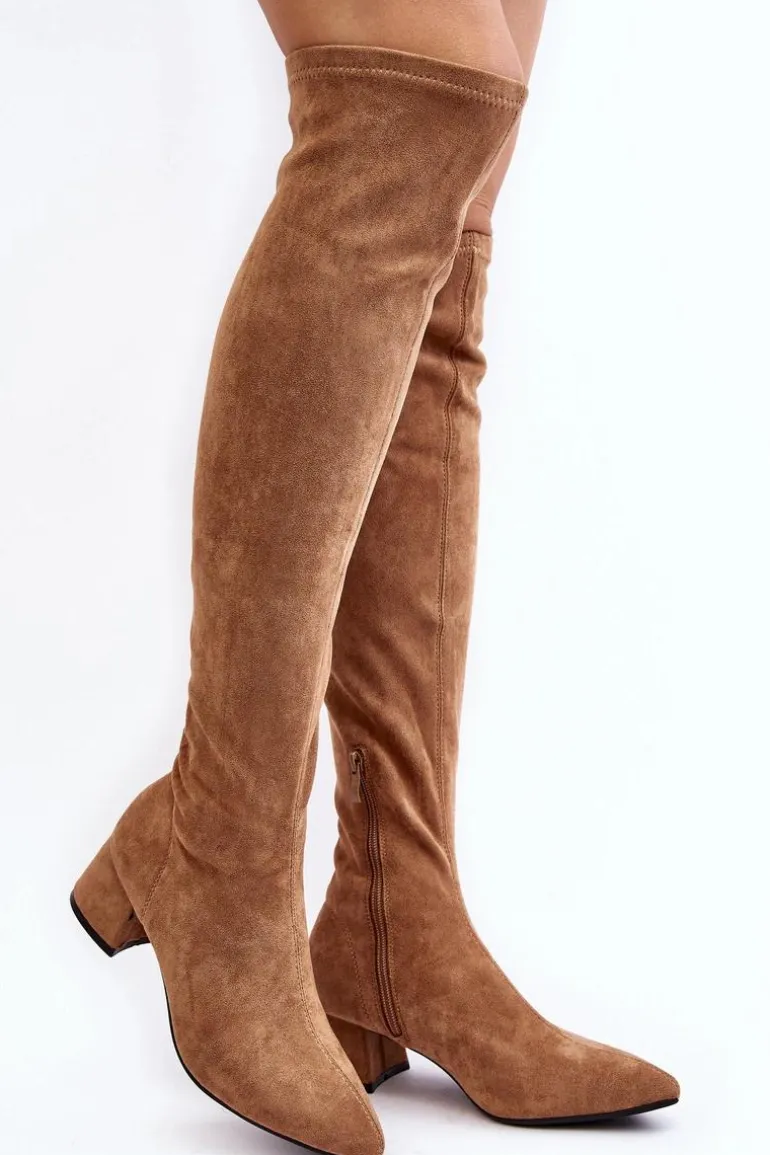 Damskie Kozaki Za Kolano Na Niskim Obcasie Camel Maidna