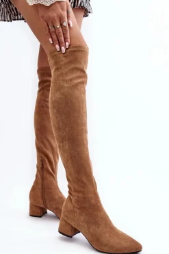 Damskie Kozaki Za Kolano Na Niskim Obcasie Camel Maidna