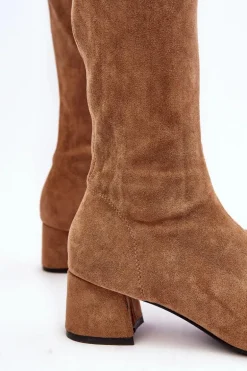 Damskie Kozaki Za Kolano Na Niskim Obcasie Camel Maidna
